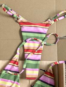 Swim Mod 2026 Spring/Summer Women's 2-Piece Bikini Swimsuit Set With Spaghetti Strap, Orange & Pink Striped Amber Rhombus Decor, High-Cut Side Thong - Multicolor - View 3