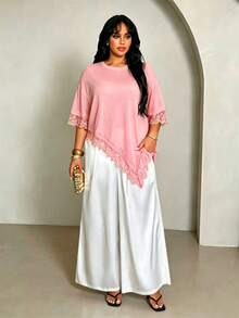 Rustia Plus Size Women's Contrast Lace Drop Shoulder Asymmetrical Hem T-Shirt - Pink - View 6
