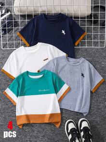 SHEIN Little Byeori 4件装男童休闲撞色滚边短袖T恤，适合春夏穿着，适合户外玩耍、上学、街头风、聚会和居家休闲等场合。 - 彩色 - 查看 1