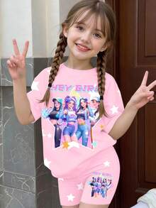 1 Set Young Girls' Light Pink Summer Casual Fashionable Sweet K-POP Girl Pattern & Pentagram Print Short Sleeve T-Shirt And Cycling Shorts Set - Multicolor - View 2