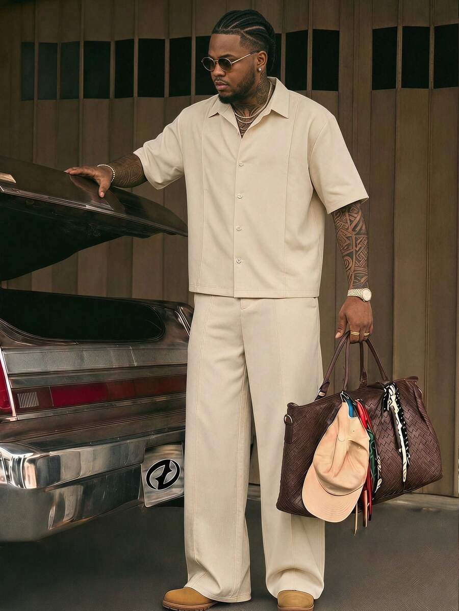 AXEPEAK Men's Plus Size Shirt And Pants Set - Beige - View 1