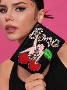 Betty Boop x SHEIN 卡通遊戲機造型 PU 皮革護照套與行李吊牌套組，可愛旅行文件收納袋附名片夾，卡通迷專用旅行行李識別標記 - 黑色 - 查看 2