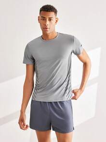 Driftmere Boyfriend Style Men's Ice-Cooling Elastic Short Sleeve & Quick-Dry Sports Shorts Set, Summer Boyfriend Style Men Two Pieces Outfits Gym Workout Running - Grey - View 3