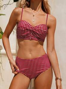 SHEIN Swim Women Bikini Sets Kain genggang Lucu - Red and White - View 11