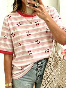 EMERY ROSE 女款條紋圓領短袖休閒可愛日系百搭T恤 白色 夏季度假度假風 - 彩色 - 查看 3
