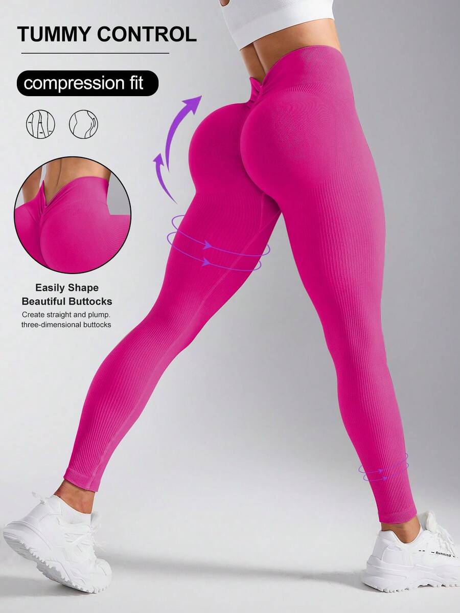 SHEIN Sports 女款純色抓皺休閒百搭日常穿著運動緊身內搭褲 - 玫紅色 - 查看 1