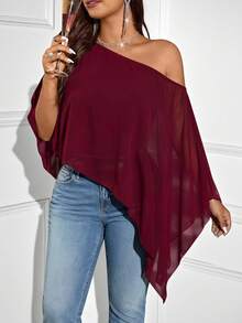 Femmeverse Plus Size Women's Solid Color Asymmetric Hem Loose Fit One Shoulder Blouse - Burgundy - View 3
