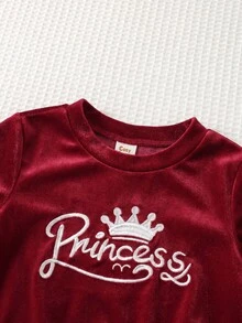Cozy Pixies 女嬰字母皇冠刺繡天鵝絨圓領長袖套頭衛衣與彈性腰長褲2件套幼兒女童服飾，舒適百搭時尚可愛休閒簡約基礎款，適合秋冬室內、戶外、滑雪、開學、日常、運動、玩耍、派對、節慶等多種場合 - 酒紅色 - 查看 4