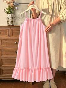 SHEIN Girls' Pink Spaghetti Strap Lace Hem Vacation Dress, Spring & Summer - Pink - View 2