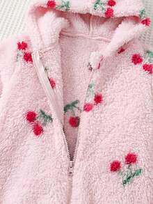 Cozy Pixies 女嬰卡通粉色櫻桃可愛印花保暖內裡加厚連帽拉鍊長袖連身衣，適合秋冬冬季，舒適蓬鬆保暖 - 彩色 - 查看 4