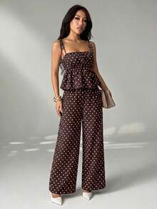 SHEIN PETITE Women's Vacation Casual Tropical Sexy Brown And White Polka Dot Print Camisole Long Pants 2 Pieces Set,Petite Beach Summer - Coffee Brown - View 6