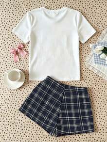 青少年女孩休閒寬鬆簡約圓領短袖短褲家居服，適合春夏季 - 彩色 - 查看 4