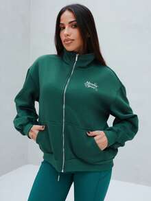 Maju Mazalli Hochgeschlossene Boxy Passform Reißverschluss Trainingsjacke Sport Aktiv Workout Winter Abend - Grün - Übersicht 6