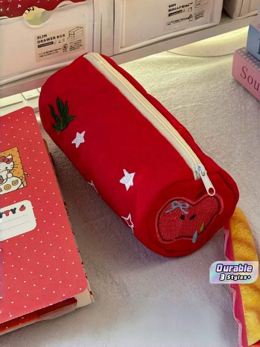 1PC/Cute Red Apple Pencil Case With Embroidered Stars & Heart Design, Large Capacity Stationery Organizer For Students, Kawaii Style School Supplies Storage, Durable Fabric With Smooth Zipper For Daily Use. - Multicolor - View 1