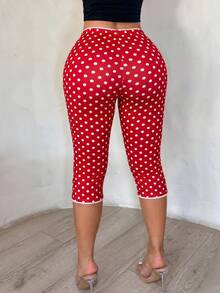 SHEIN SXY Red And White Polka Dot Print High-Elastic Knit High-Waist Slim-Fit 7/8 Length Leggings With Lace Trim Casual Tropical Date Night Vacation Summer - Red - View 3