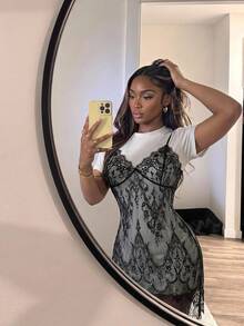 SHEIN SXY Robe 2 en 1 avec patchwork de dentelle - Noir et Blanc - Voir 6
