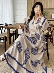 Weeklong Apricot Plus-Size Maxi Dress - Blue Paisley Bohemian Print, Long-Sleeve Multi-Layer Paneled, Women's Spring & Summer Dress - Multicolor - View 3