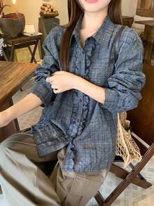 DAZY Women's Casual Vintage Blue Plaid Long Sleeve Loose Fit Shirt With Collar, Ruffle Trim And Button Decor Cute Tops - Green - View 3
