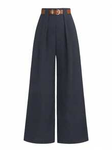 SHEIN Tall CURVE 加大码 TALL 系列女士简约褶皱直筒裤，适合通勤 - 灰色 - 查看 6
