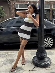 Alexandranx Striped Contrast Color Sleeveless Polo Collar Bodycon Mini Dress, Casual Comfortable Stretchy Slimming Short Dress For Daily Wear Elegant Summer - Multicolor - View 6