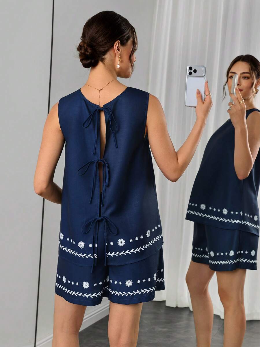 SHEIN Maternity Floral Print Tie-Front Top And Drawstring Waist Shorts Casual Daily Outfit - Blue - View 1
