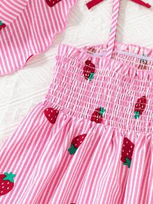 SHEIN Girls' Strawberry Print Sleeveless Dress,Pastel Pink Pink & White Striped Pattern,Summer Beach Holiday Sweet & Lively For Spring/Summer Outings - Pink - View 3