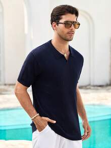 Mercer Haus Men's Ribbed Airplane Collar Polo Knit Shirt, Short Sleeve, Summer Fashion - Navy Blue - View 6