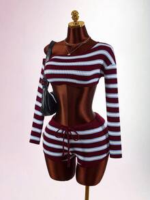 Amplova Women's Vintage Asymmetrical Neck Mini Super Short Knitted Striped Set For Home Party And Back To School - Blue - View 11