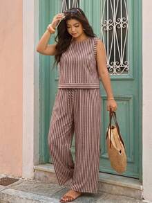 SHEIN Frenchy 大尺碼休閒條紋背心上衣與長褲兩件組 - 彩色 - 查看 9