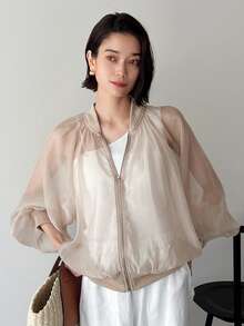 FRIFUL Chaqueta bomber con cremallera de manga larga y transparente - Beis - Ver 4
