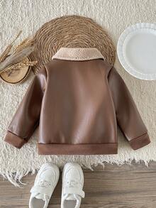 SHEIN Playful Pals 男嬰休閒口袋翻領保暖內裡夾克，適合秋冬，PU材質 - 咖啡棕 - 查看 3