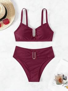 SHEIN Swim 2026 Spring/Summer Women's Burgundy Adjustable Thick Strap Solid Color Gold U-Shape Decor High Cut Bikini Bottom Two Pieces Swimsuit Set - Burgundy - View 8