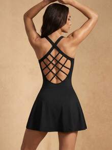 Silquee Women's Solid Color Backless Halter Neck Sports Dress Athletic Dress - Black - View 6