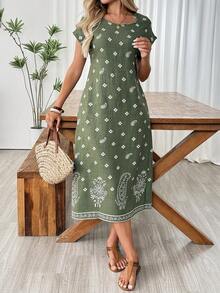 EMERY ROSE Women's Casual Vacation Cashew Flower Print Mid-Length Dress,Summer Dresses For Women - Green - View 6