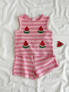 SHEIN 條紋夏季套裝 可愛無袖圓領上衣搭配短褲 度假草莓印花甜美風 - 紅色 - 查看 1