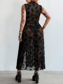 Whyspr Dark High Slit Sheer Long Black Asymmetrical Pattern Dress - Black - View 2