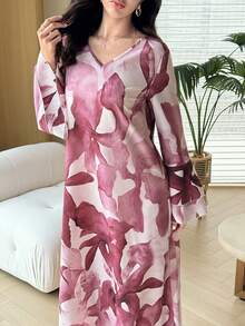 Yasmyna 女款花卉印花V領時尚百搭荷葉邊袖口阿拉伯風洋裝 - 紅色 - 查看 6