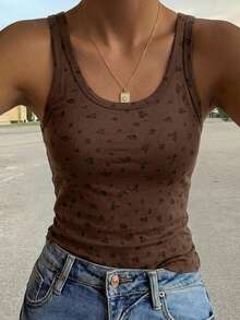 DAZY Tank Top Kasual Musim Panas Motif Bunga Kecil - Coklat - View 2