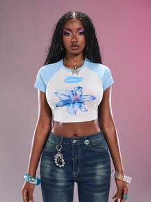 Modviera 2026SS Koleksi Terbaru Y2K Retro Motif Bunga Kaos Lengan Pendek Crop untuk Wanita Kencan Sehari-hari Putih Motif Bunga Musim Panas - MultiWarna - View 8
