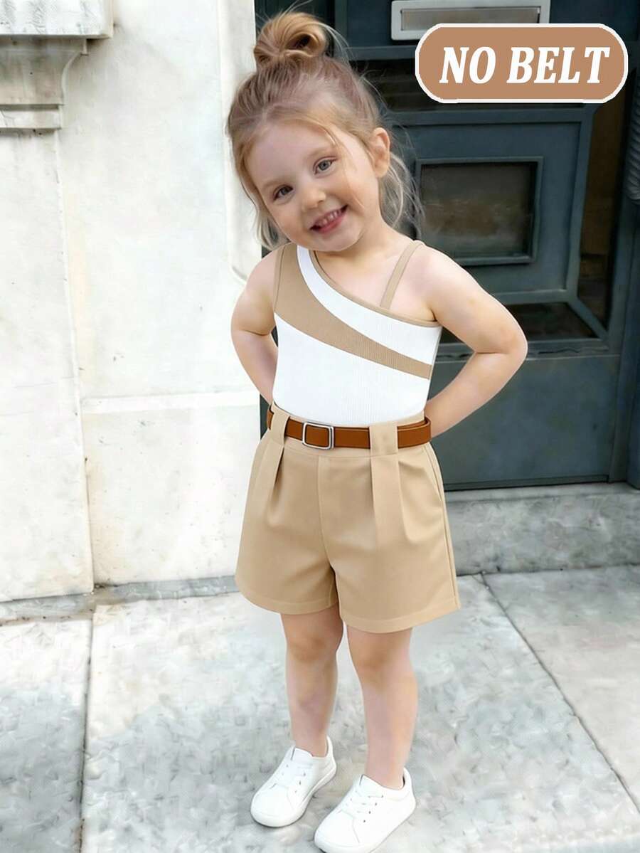 Elladie kids 女嬰休閒通勤2件套配色不對稱背心上衣與西裝短褲，適合夏季 - 卡其色 - 查看 1