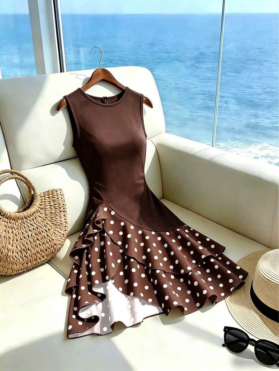 SHEIN Franclia 女款圓領波點拼接色塊休閒派對旅行短洋裝