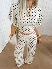 SHEIN EZwear 女款休閒復古優雅極簡經典黑白波點印花抽褶腰部T恤與針織長褲家居服套裝，度假穿搭 - 彩色 - 查看 3