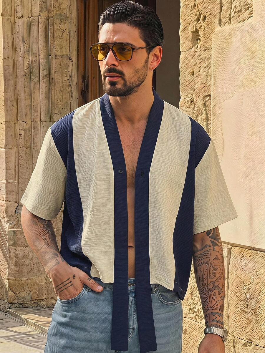 HIMLAND Men's Fashionable Versatile Contrast Color Ribbon Button Short Sleeve Shirt - Multicolor - View 1