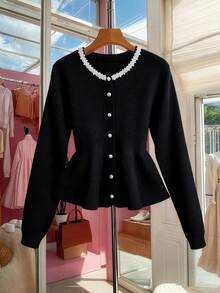GlowEve CURVE Plus Size Elegant Fitted Pearl Button Round Neck Long Sleeve Cardigan Women Fall Winter Sweater Autumn Outfit - Black - View 1