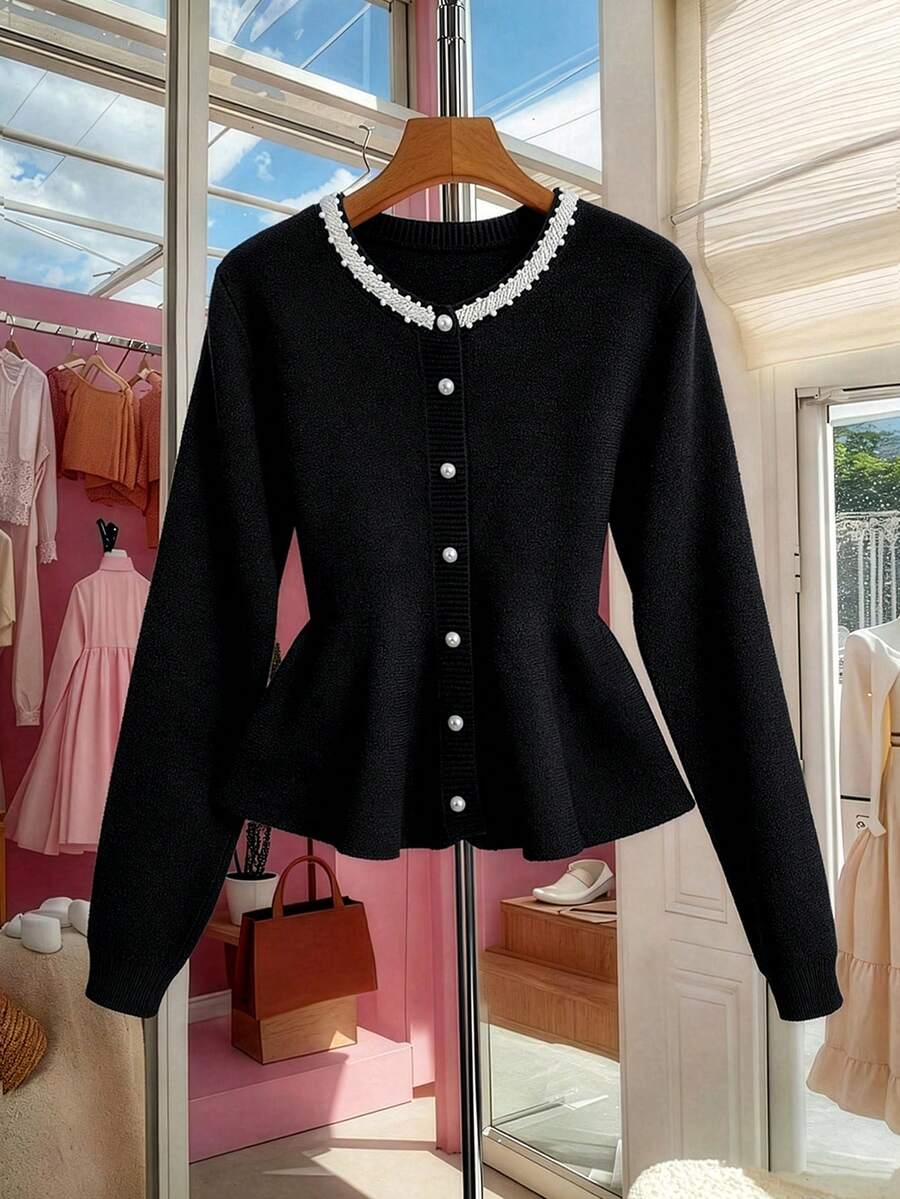 GlowEve CURVE Plus Size Elegant Fitted Pearl Button Round Neck Long Sleeve Cardigan Women Fall Winter Sweater Autumn Outfit - Black - View 1