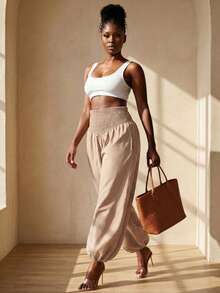 BamGleam Women's Solid Color Waist Gathered Cuffed Long Pants For Vacation - Khaki - View 4