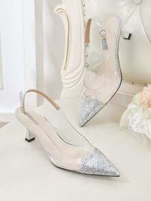 CUCCOO HITCHD Women's Red Pointed Toe Splicing Transparent High Heel Pumps Spring Shoes Spring Break Easter Prom Heels For Christmas Valentine's Day - Gold Dust Silver - View 2
