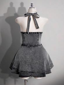 SHEIN ICON 大尺碼性感露背掛脖牛仔洋裝，夏季款 - 黑色 - 查看 2
