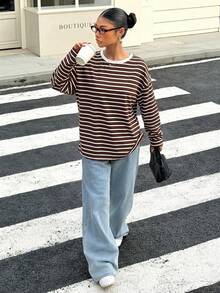 Muchica 女款寬鬆黑色條紋露背綁帶長袖T恤，適合穿搭、返校季、街頭風露背上衣 - 棕色 - 查看 5