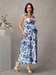 SHEIN Maternity Floral Print A-Line Dress With Wide Strap, Shirred Bust And Frill Trim Business Casual Elegant Outfit Daily Commute - Blue and White - View 3